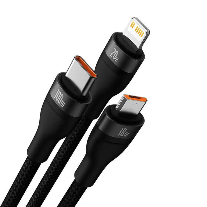 3in1 USB cable Baseus Flash Series 2 USB-C + micro USB + Lightning 100W 1.5m (black) - Combo Cables<<<USB cables<<<GSM