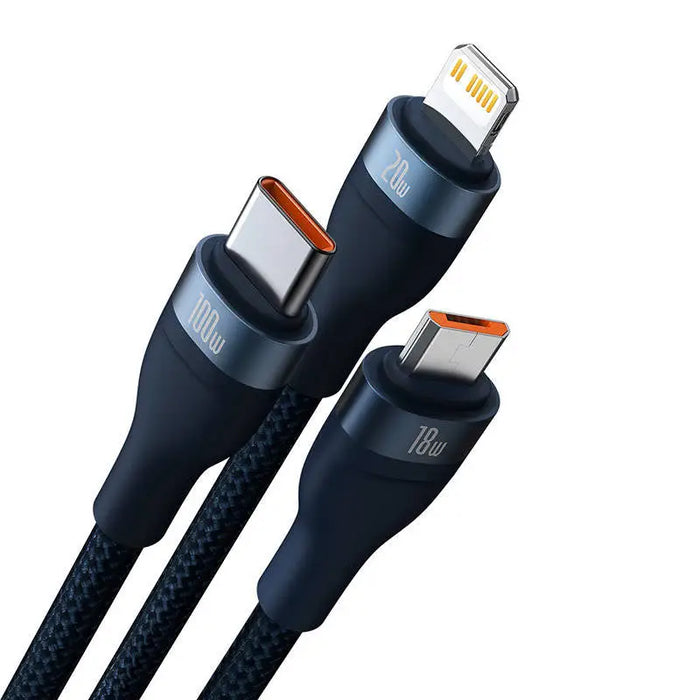 3in1 USB cable Baseus Flash Series 2 USB-C + micro USB + Lightning 100W 1.5m (blue) - Combo Cables<<<USB cables<<<GSM