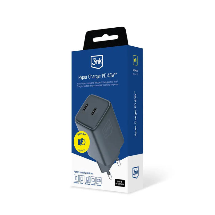 3mk Hyper Charger PD 45W QC4+ PPS 2C Super-Fast Charge 2.0 Wall Charger - Black - *Kategoria tymczasowa<<<HurtelXML