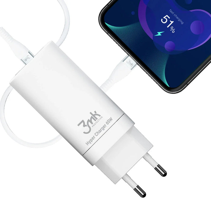 3MK HyperCharger 65W 2xUSB-C + 1xUSB-A charger GAN PD + QC - Cell phone tempered glass<<<HurtelXML