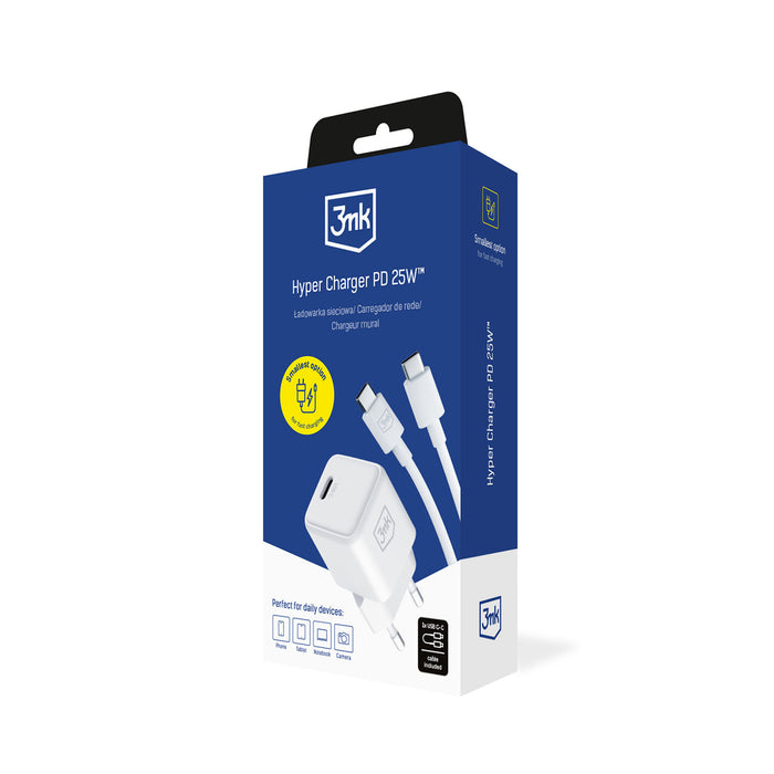 3mk Hyper Charger PD GaN 25W Wall Charger with USB-C Cable - White