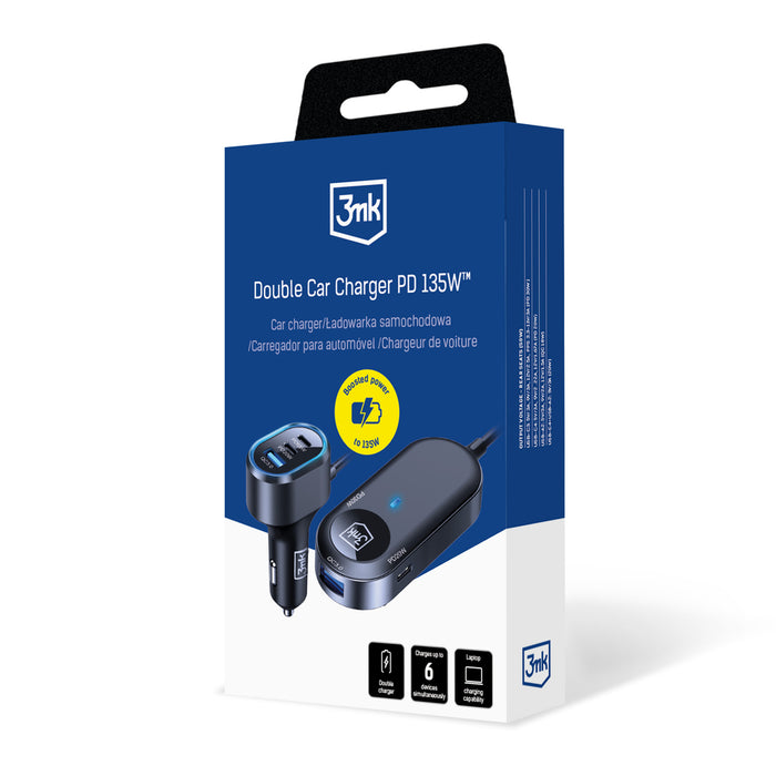 3mk Double Car Charger 135W PD QC PPS USB-C USB-A - Black