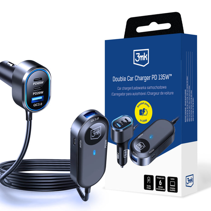 3mk Double Car Charger 135W PD QC PPS USB-C USB-A - Black