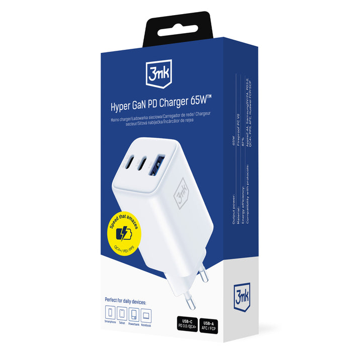 USB-C USB-A 3mk Hyper GaN PD Charger 65W™ - White