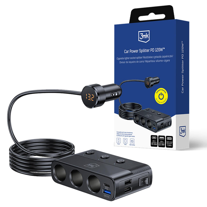 3mk Car Power Splitter PD 120W™ QC PPS UCB-C USB-A Car Charger for 7 Devices - Black