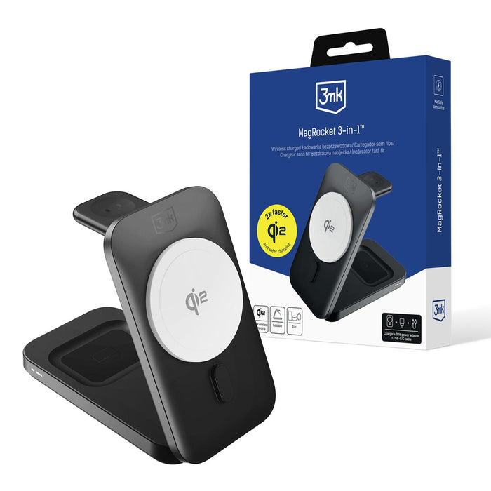 3mk MagRocket 3-in-1 15W Qi2 MPP MagSafe Wireless Charger - Black