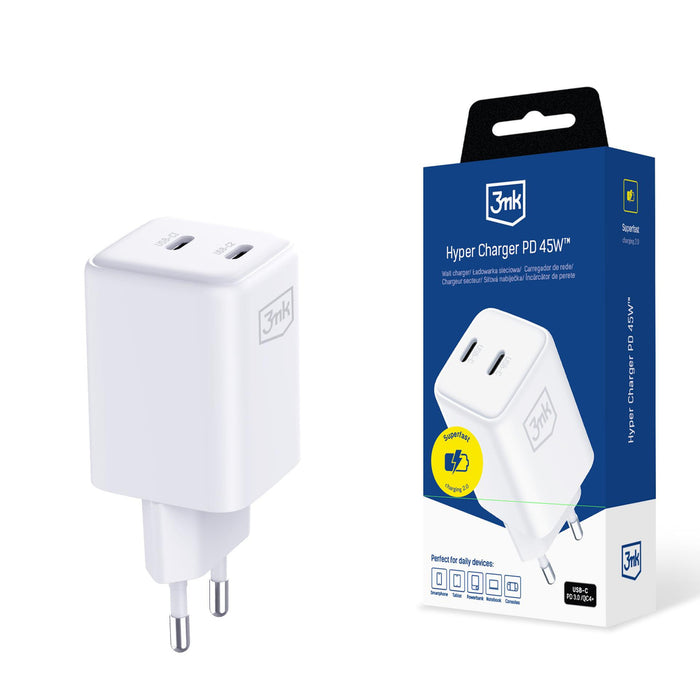 3mk Hyper Charger PD 45W QC4+ PPS 2C Super-Fast Charge 2.0 Wall Charger - White