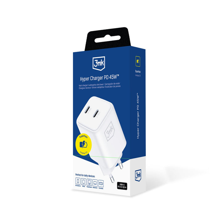 3mk Hyper Charger PD 45W QC4+ PPS 2C Super-Fast Charge 2.0 Wall Charger - White