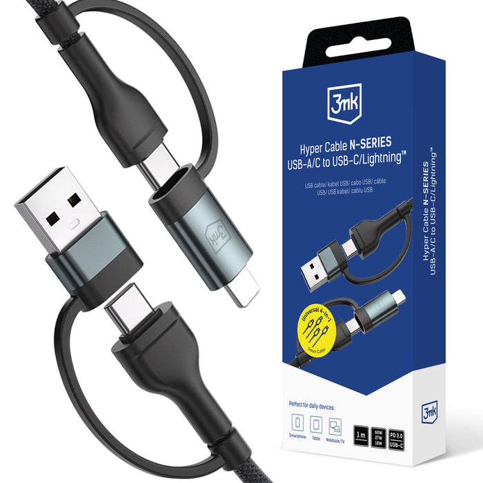 3mk Hyper Cable N-SERIES 2 in 2 USB-A / USB-C and USB-C / Lightning 1.2m QC 3.0 9V/2A 60W - black