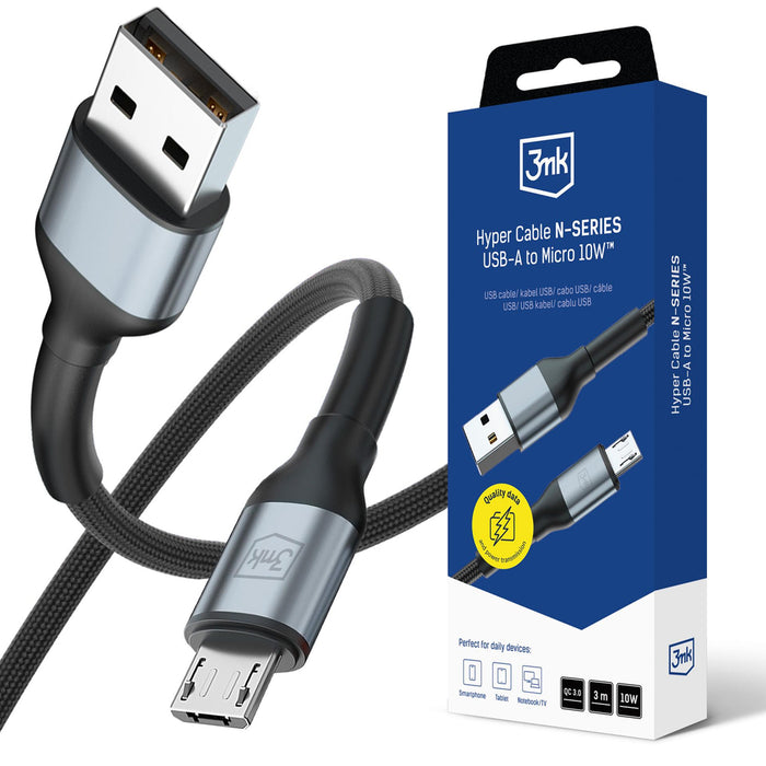 3mk Hyper Cable N-SERIES USB-A / MicroUSB 3m QC 3.0 5V/2A 10W - black