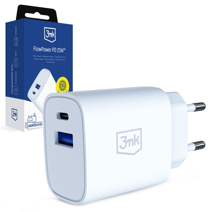 3mk FlowPower 25W 1A1C PD QC4+ Wall Charger - White