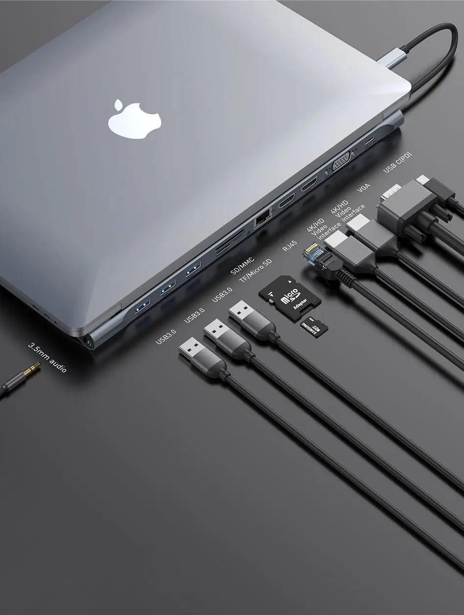 Baseus Enjoyment Series Multi-functional Type-C intelligent HD HUB（PD/HD4K*2/VGA/RJ45/SD/TF/USB*3/Audio*1/Stand)Dark