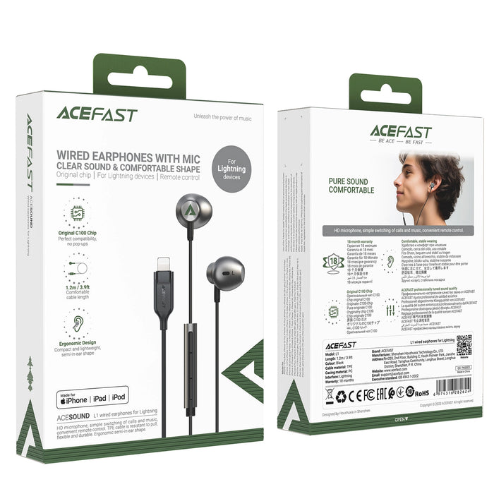 Acefast L1 in-ear headphones with Lightning connector, microphone and remote control 1.2 m - black
