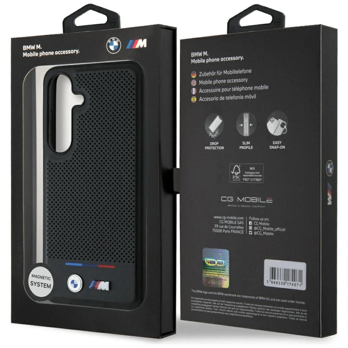 BMW Leather Tricolor Stripe MagSafe Case for Samsung Galaxy S25+ - Black