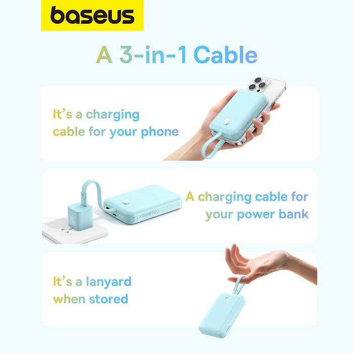 Baseus Magnetic Mini MagSafe 10000mAh 20W powerbank with built-in Lightning cable - blue + Baseus Simple Series USB-C - USB-C 60W 0.3m cable
