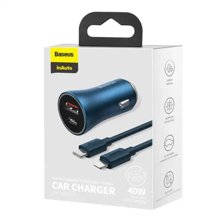 Baseus Golden Contactor Pro car charger, USB + USB-C, QC4.0+, PD, SCP, 40W (blue) + USB-C - Lightning cable 1m (blue)