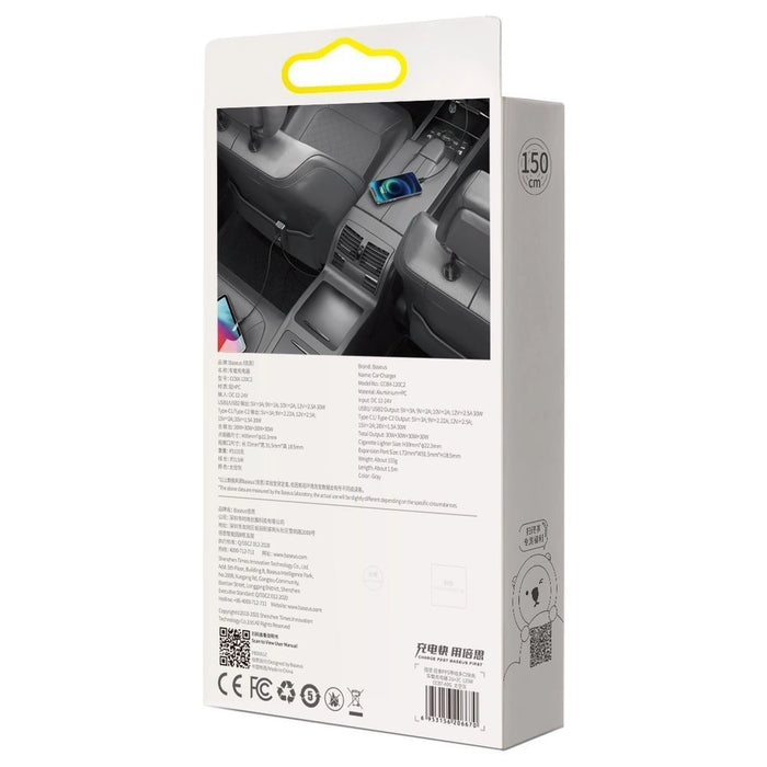 Car charger Baseus Share Together with extension cord, 2x USB, 2x USB-C, 120W (grey)