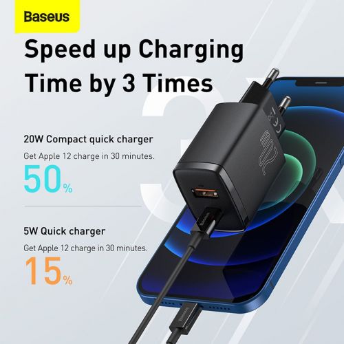Baseus Compact Quick Charger, USB, USB-C, 20W (black)