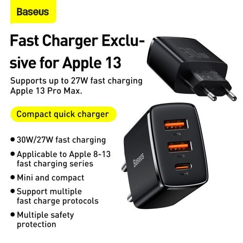 Charger Baseus Compact Quick Charger, 2xUSB, USB-C, PD, 3A, 30W (czarna)