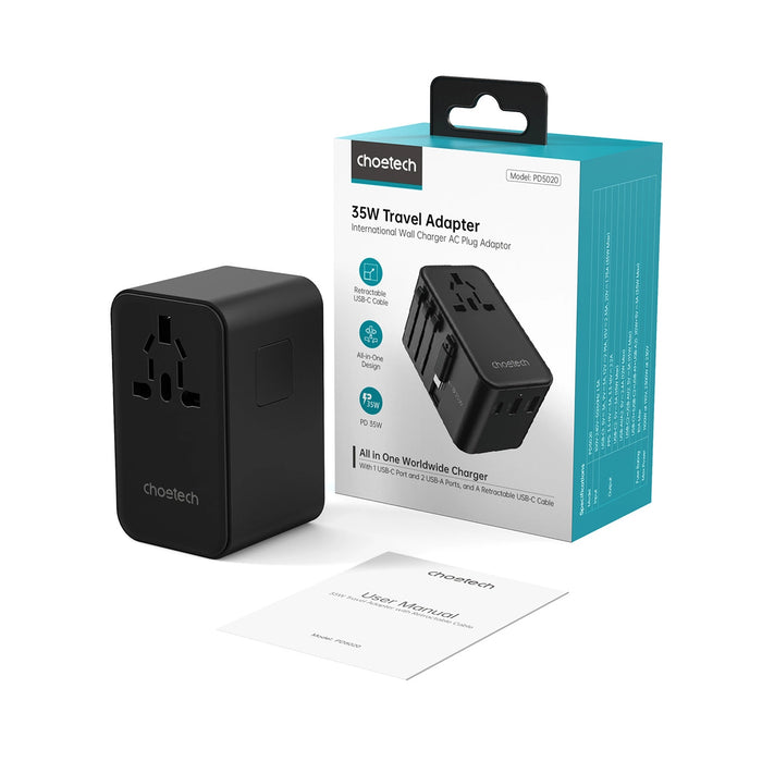 Choetech PD5020 35W EU/US/AUS/UK Travel Adapter with Built-in USB-C Cable - Black