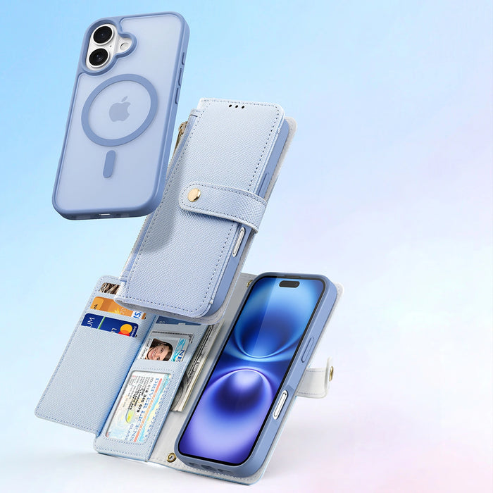 Dux Ducis Lawa iPhone 16 Leather Case with Detachable Magnetic Wallet - Blue