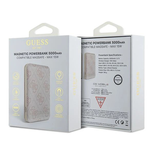 Guess Powerbank inductive 15W GUPB5FP4EMGP 5000mAh pink/pink 4G Leather Metal Logo MagSafe
