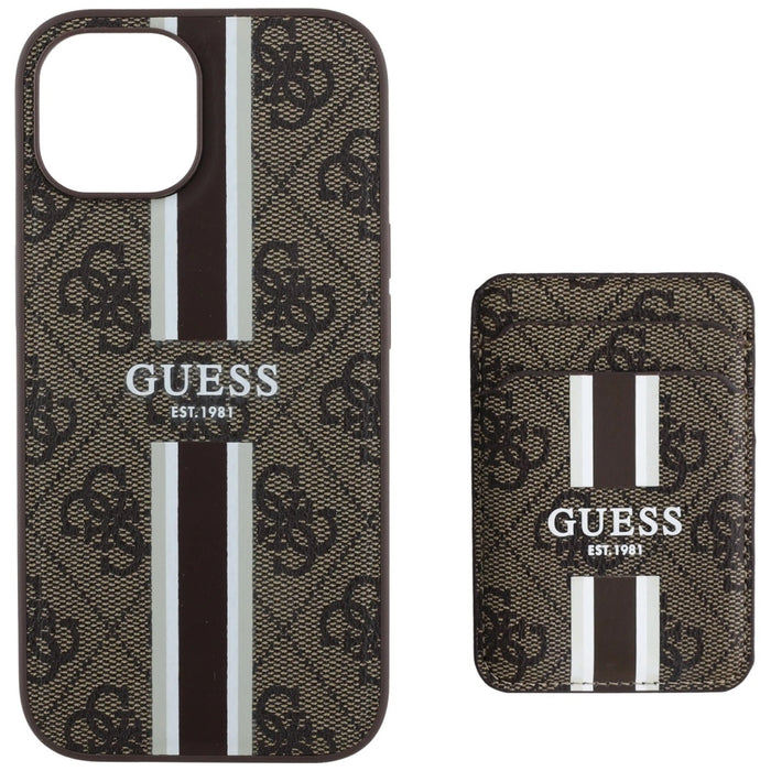 Guess 4G Stripes case with Magsafe wallet for iPhone 15 brown