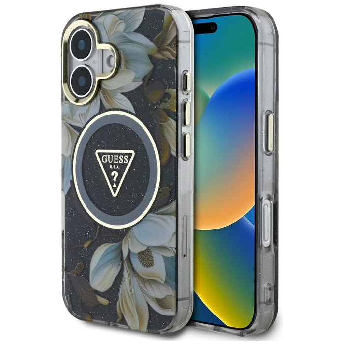 Guess Glitter Flowers Triangle Buttons MagSafe case for iPhone 16 black