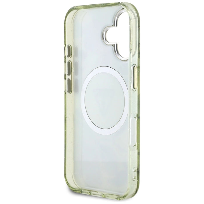 Guess Glitter Flowers Triangle Buttons MagSafe case for iPhone 16 green