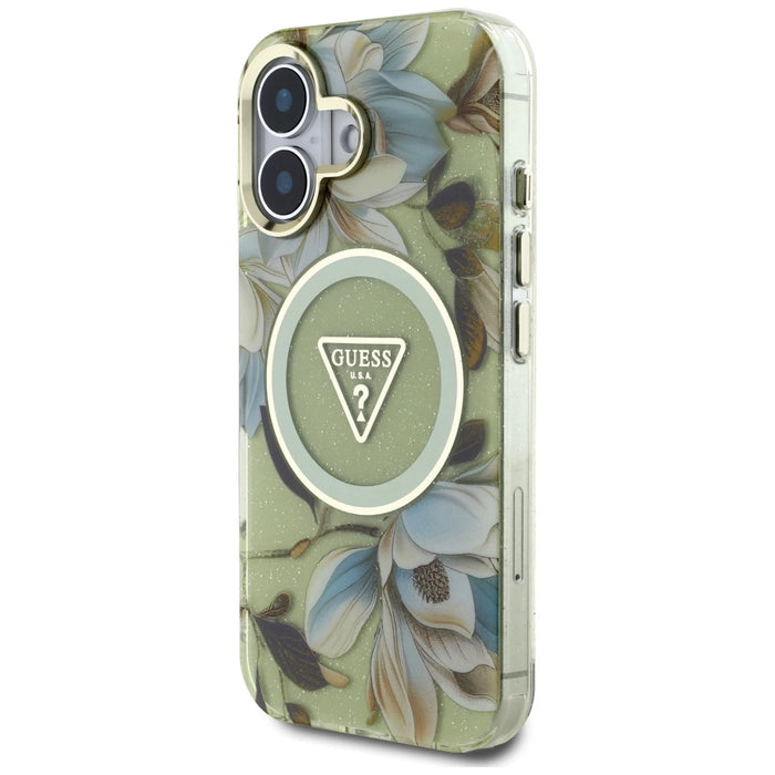Guess Glitter Flowers Triangle Buttons MagSafe case for iPhone 16 green