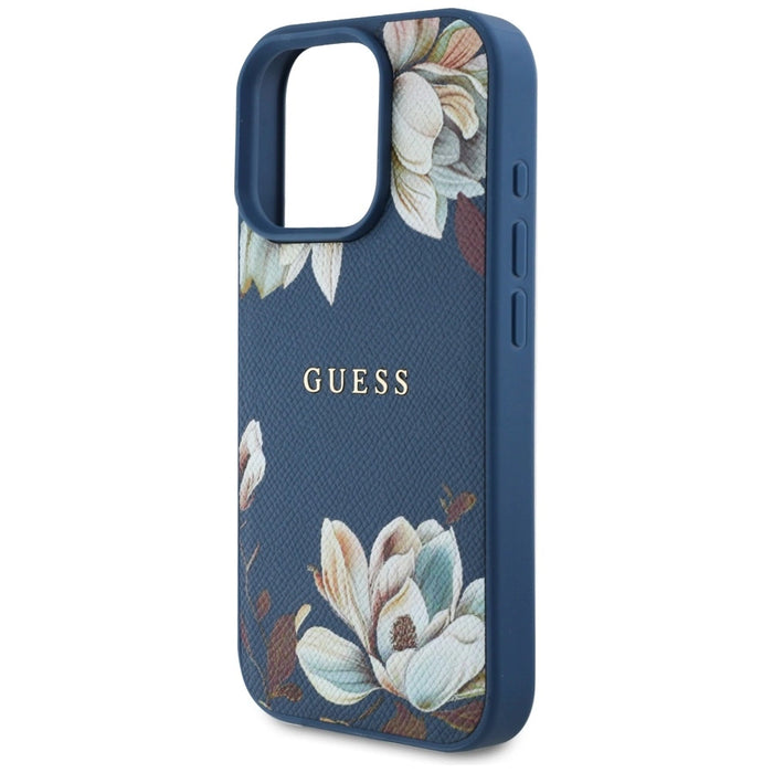 Guess Grained Printed Flower Pattern MagSafe case for iPhone 16 Pro Max blue