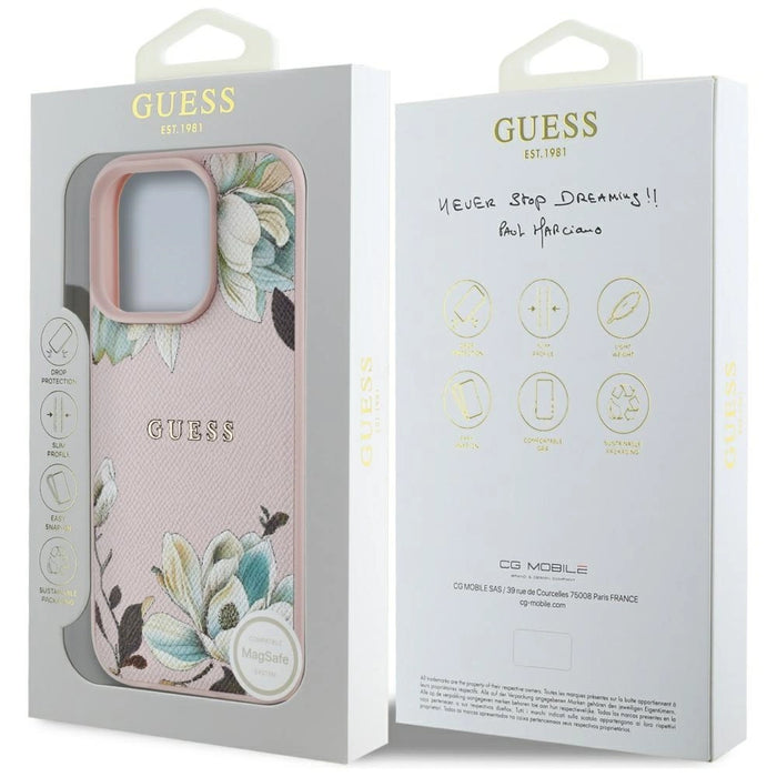 Guess Grained Printed Flower Pattern MagSafe Case for iPhone 16 Pro Pink