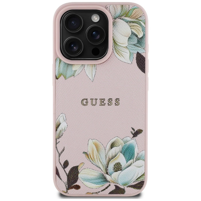 Guess Grained Printed Flower Pattern MagSafe Case for iPhone 16 Pro Pink