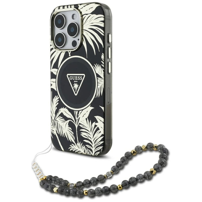 Guess Palm Trees Triangle Pearl Strap MagSafe case for iPhone 16 Pro black