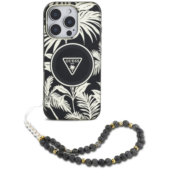 Guess Palm Trees Triangle Pearl Strap MagSafe case for iPhone 16 Pro black