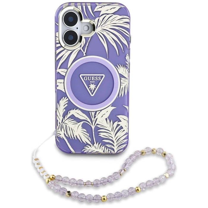 Guess Palm Trees Triangle Pearl Strap MagSafe case for iPhone 16 purple
