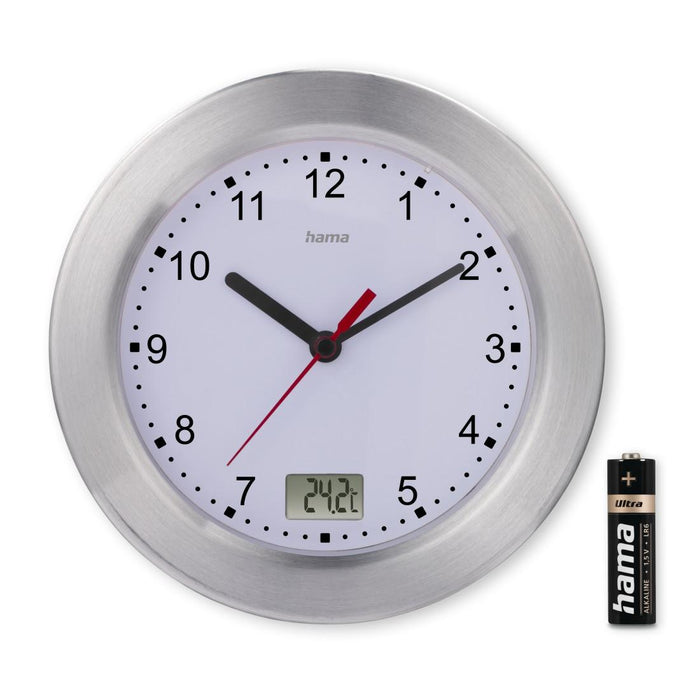 Hama bathroom clock "Mauritius", wall clock with thermometer, Ø 17 cm, aluminium