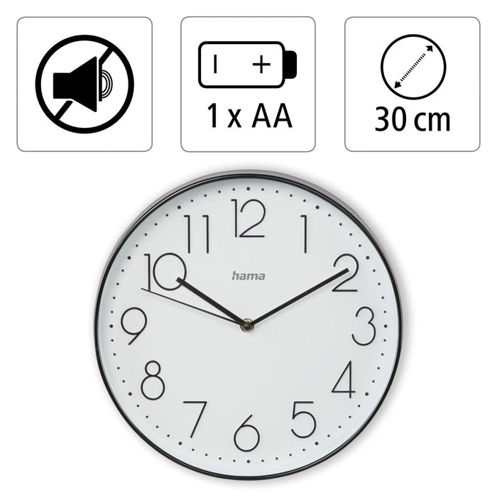 Hama Elegance wall clock, Quiet, 30 cm., White/Black