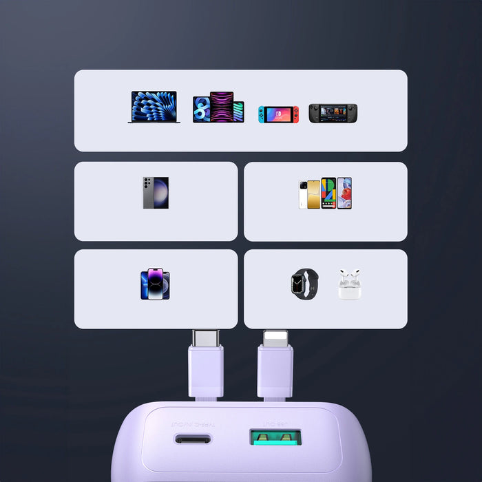 Joyroom JR-PBC06 mini power bank with built-in USB-C / Lightning cables 30W 10000mAh - purple