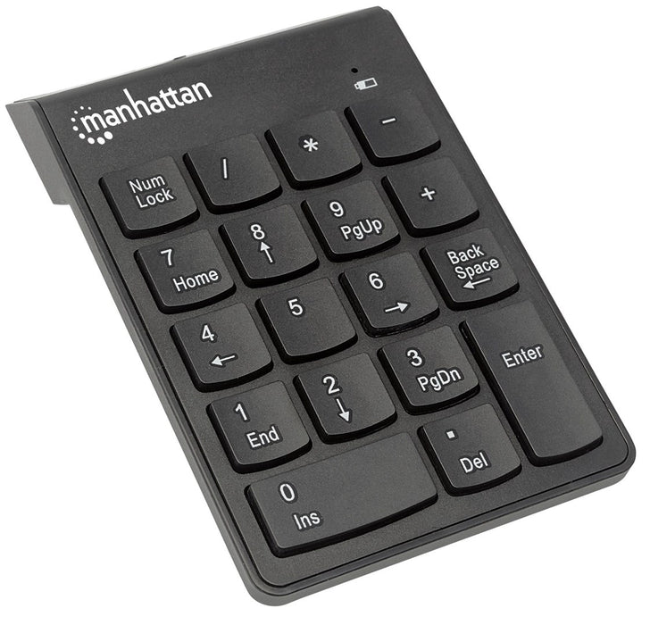 Manhattan Numeric Keypad, Wireless (2.4GHz), USB-A Micro Receiver, 18 Full Size Keys, Black, Membrane Key Switches, Auto Power Management, Range 10m, AAA Battery (included), Windows and Mac, Three Year Warranty