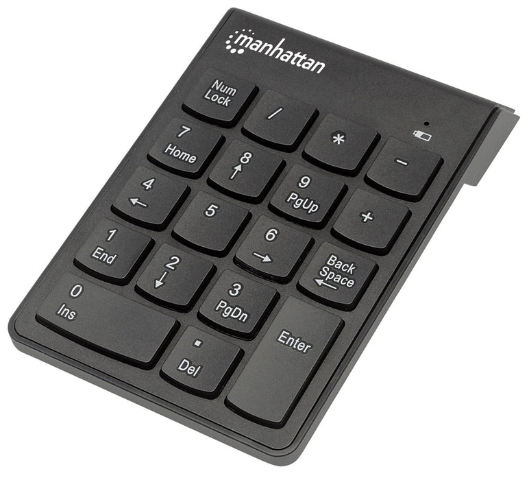Manhattan Numeric Keypad, Wireless (2.4GHz), USB-A Micro Receiver, 18 Full Size Keys, Black, Membrane Key Switches, Auto Power Management, Range 10m, AAA Battery (included), Windows and Mac, Three Year Warranty