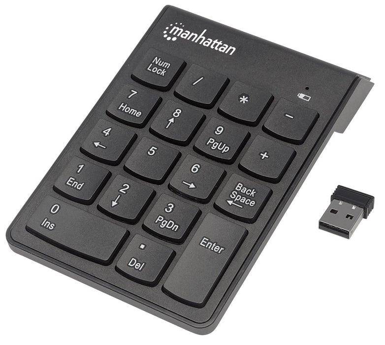 Manhattan Numeric Keypad, Wireless (2.4GHz), USB-A Micro Receiver, 18 Full Size Keys, Black, Membrane Key Switches, Auto Power Management, Range 10m, AAA Battery (included), Windows and Mac, Three Year Warranty