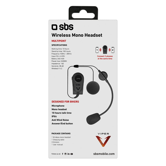 SBS TEEARSETMONOMOTOBTK mono wireless headset for motorcycle helmet - black