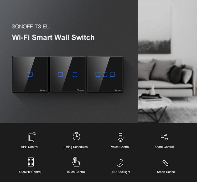 Smart Switch WiFi + RF 433 Sonoff T3 EU TX (1-channel)