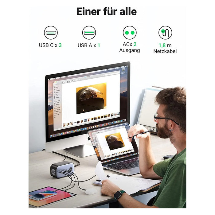 6 IN 1 UNIVERSAL CHARGER CD270 Desk 220V 3xUSB-C 1xUSBA 2xAC UGREEN