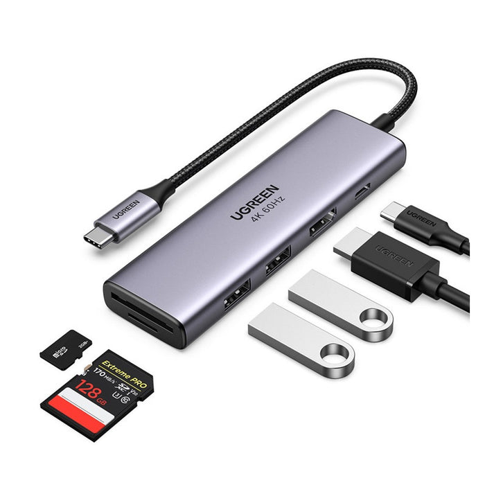 Ugreen 6in1 Multifunctional USB Type C HUB - 2x USB 3.2 Gen 1 / HDMI 4K 60Hz / SD and TF Card Reader / USB Type C PD 100W Gray (60384 CM511)