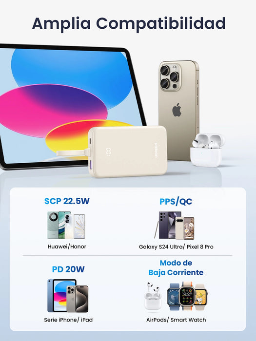 Ugreen PB505 Powerbank 20000mAh 22.5W USB-C USB-A Built-in USB-C Cable - White