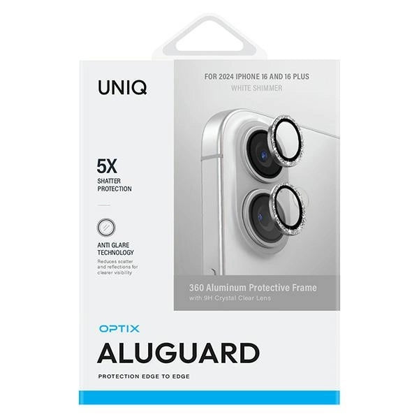 Uniq Optix Aluminum Camera Lens Protector iPhone 16 6.1" / 16 Plus 6.7" white shimmer camera lens glass with applicator