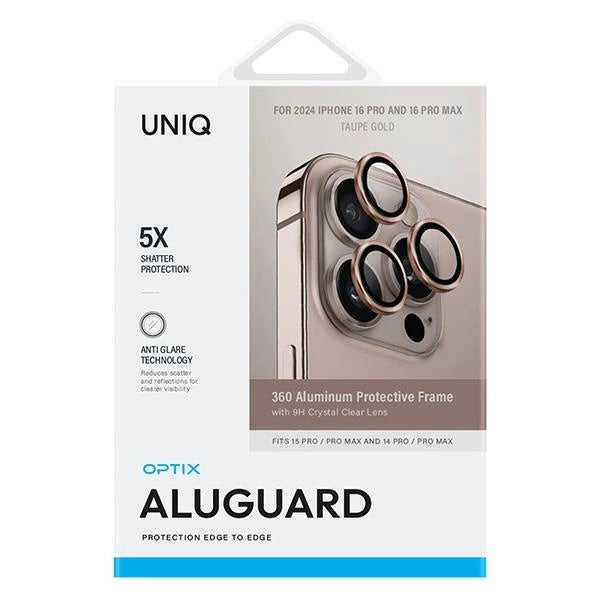 Uniq Optix Aluminum Camera Lens Protector iPhone 16 Pro 6.3" / 16 Pro Max 6.9" taupe gold camera lens glass with applicator