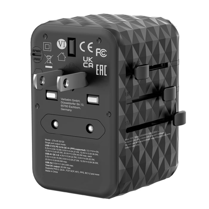 Verbatim UTA-05 GaN III Universal Travel Adapter with 2 x USB-C PD 65W & QC 4+ / 2 x USB-A
